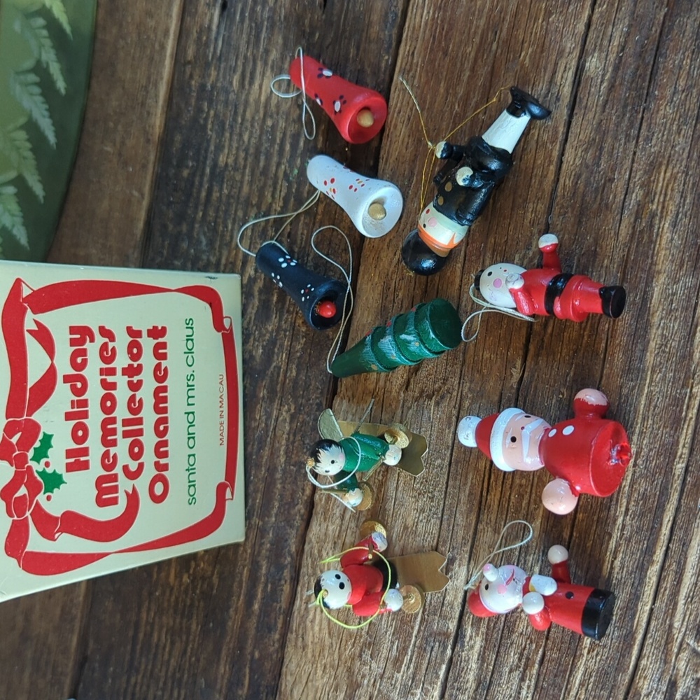 Vintage Wooden Mini Hand Painted Christmas Tree Ornaments Ski Bells Nutcracker
